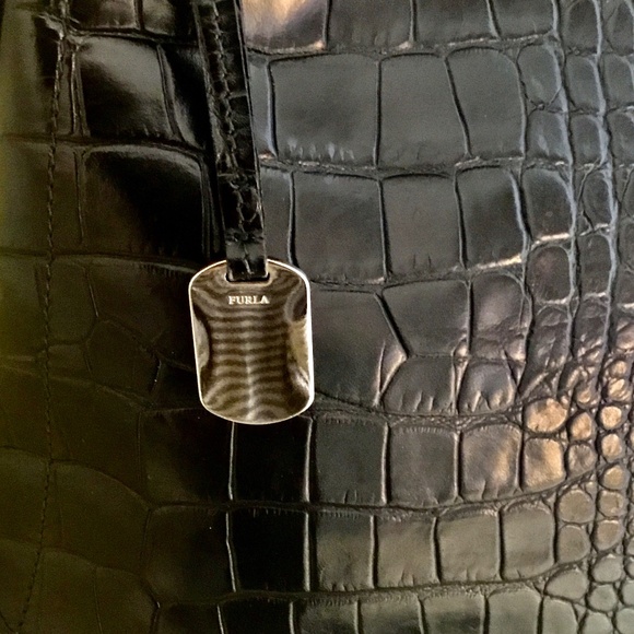 Furla Onyx Black Leather Embossed Croc Tote Bag - Picture 8 of 11